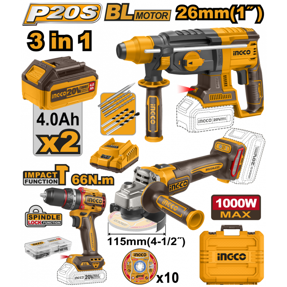 20v Ps+c/l Combo A/grind Drill R/hammer Kit 3pcss