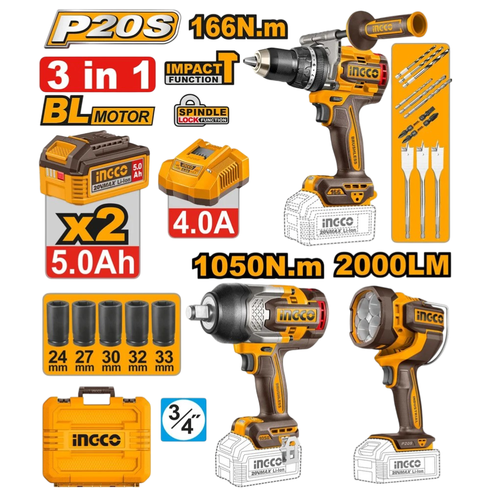 20v Ps+c/l Combo Drill/wrench/lamp 3pcss Kit