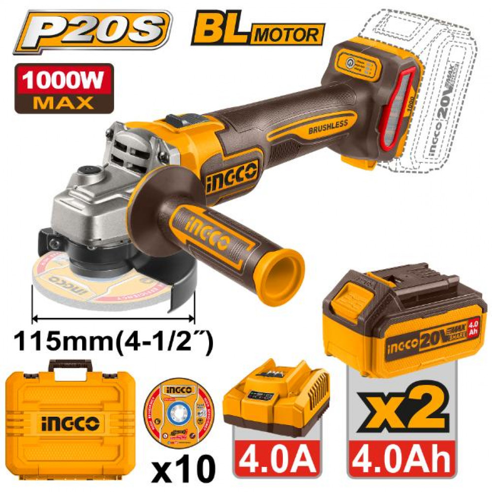 20v Ps+c/l B/l Angle Grinder 1000w Bmc Kit 2batt