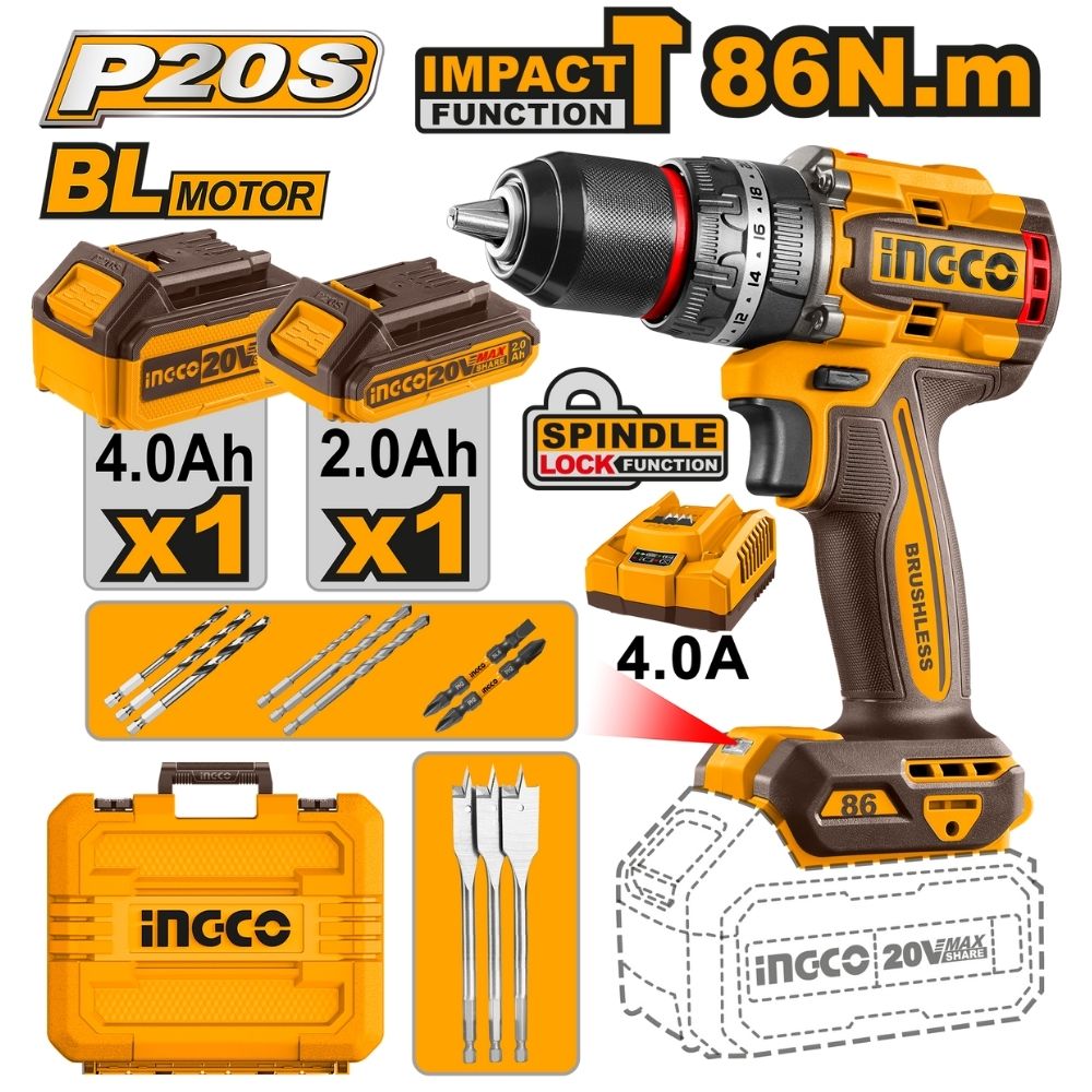 20v Ps+c/l B/l I/drill 86nm 2ah+4ah B/c Kit Case